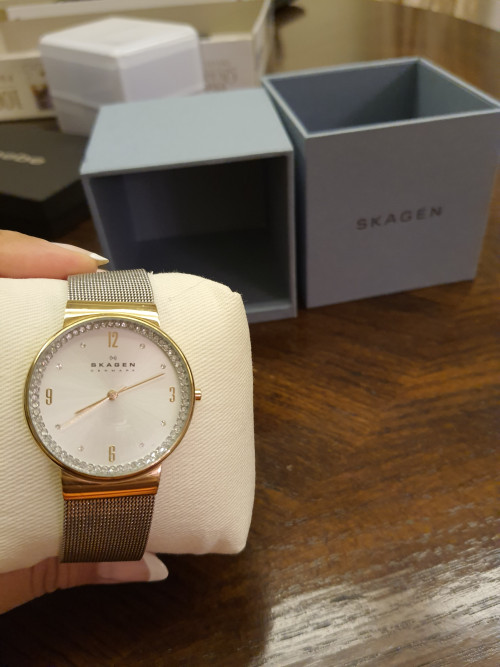 ExBrands Skagen Women s Ancher Crystals Silver Dial Gold Tone Silver Mesh Watch SKW2128